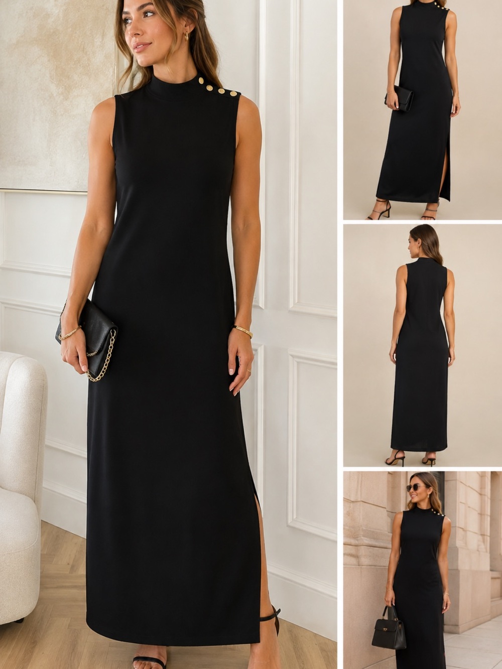 Michael Michael Kors Black Maxi Dress M
Gold Button Mock Neck Sleeveless Luxury